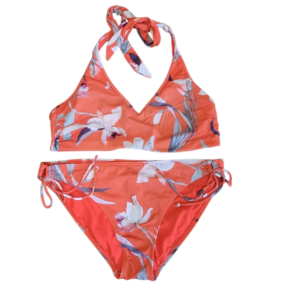 Athleta Other - Athleta Floral Halter Bikini Set M Top L Bottom Coral Tropical Swim